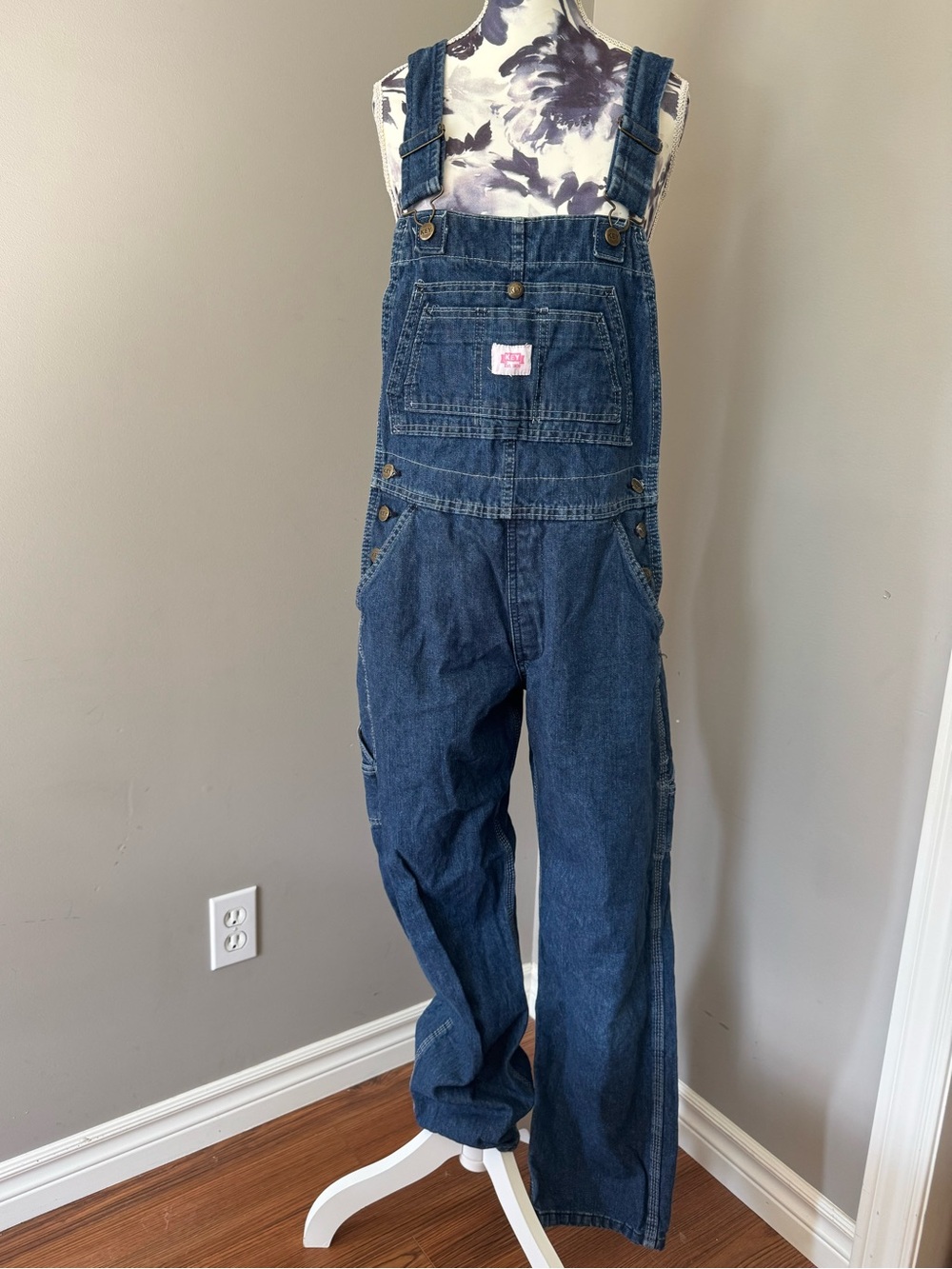 Vintage Keys Relaxed Dark Blue Denim Overalls  With Logo Patch